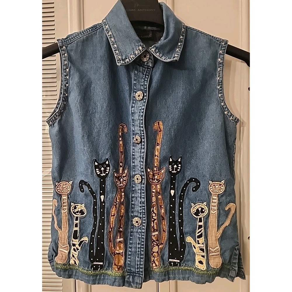 VTG LIFE STYLE Blue Denim Button-Up Vest EMBROIDERED APPLIQUE CAT Shirt/Top-PS